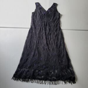Y2K Black lace Whimsigoth Goth Dress Womens Small Beaded Fringe V Neck Party